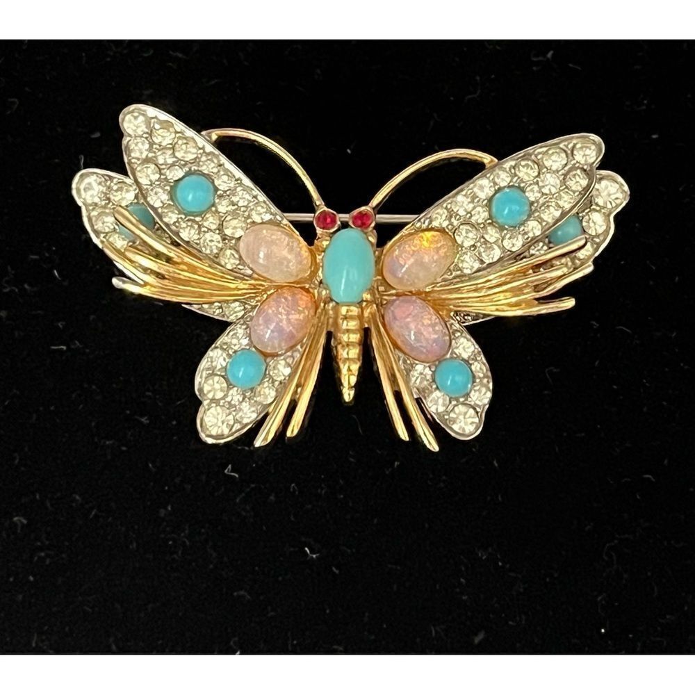 JOMAZ VTG signed turquoise and Opal butterfly brooch.